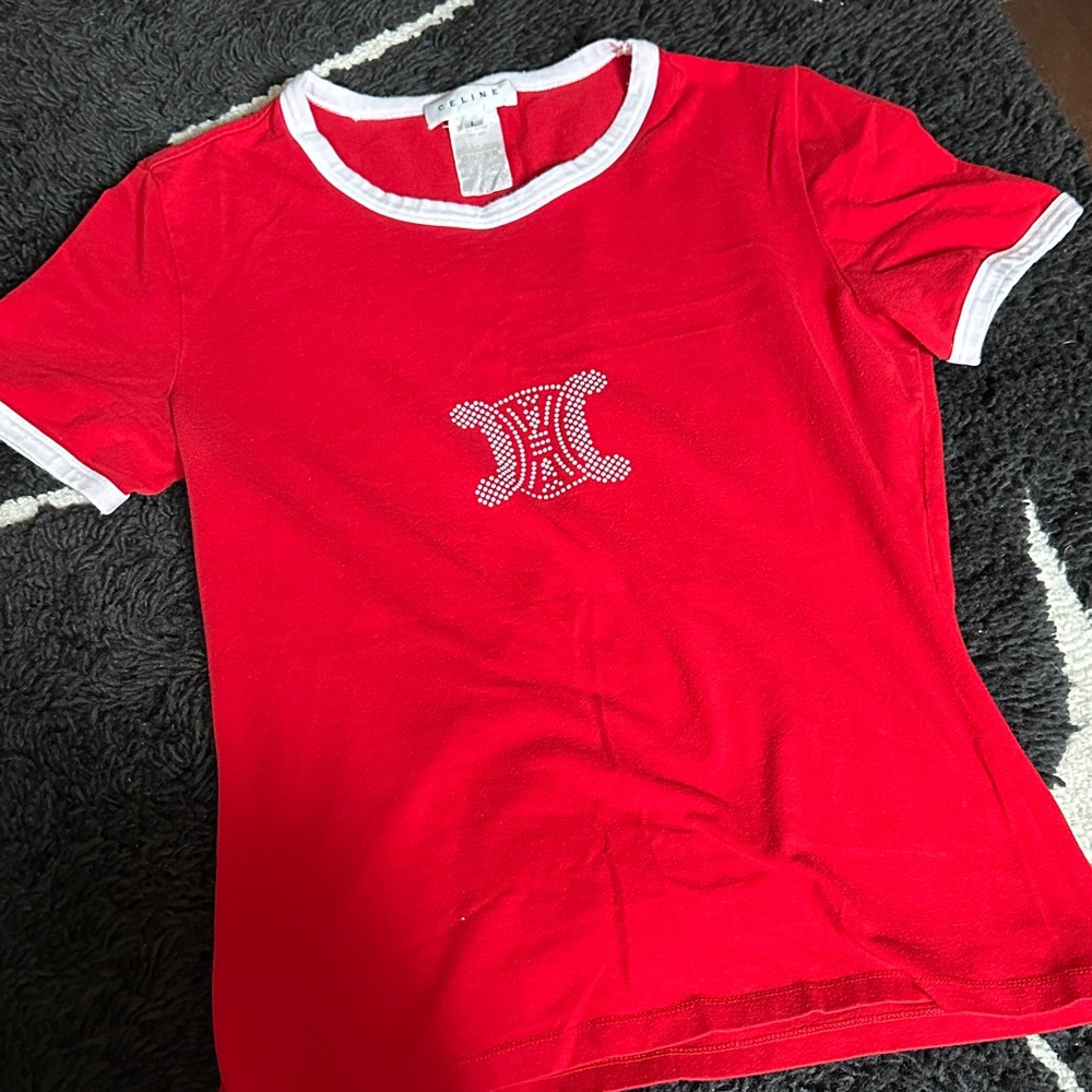 Celine Red Triomphe Tee with White Accents